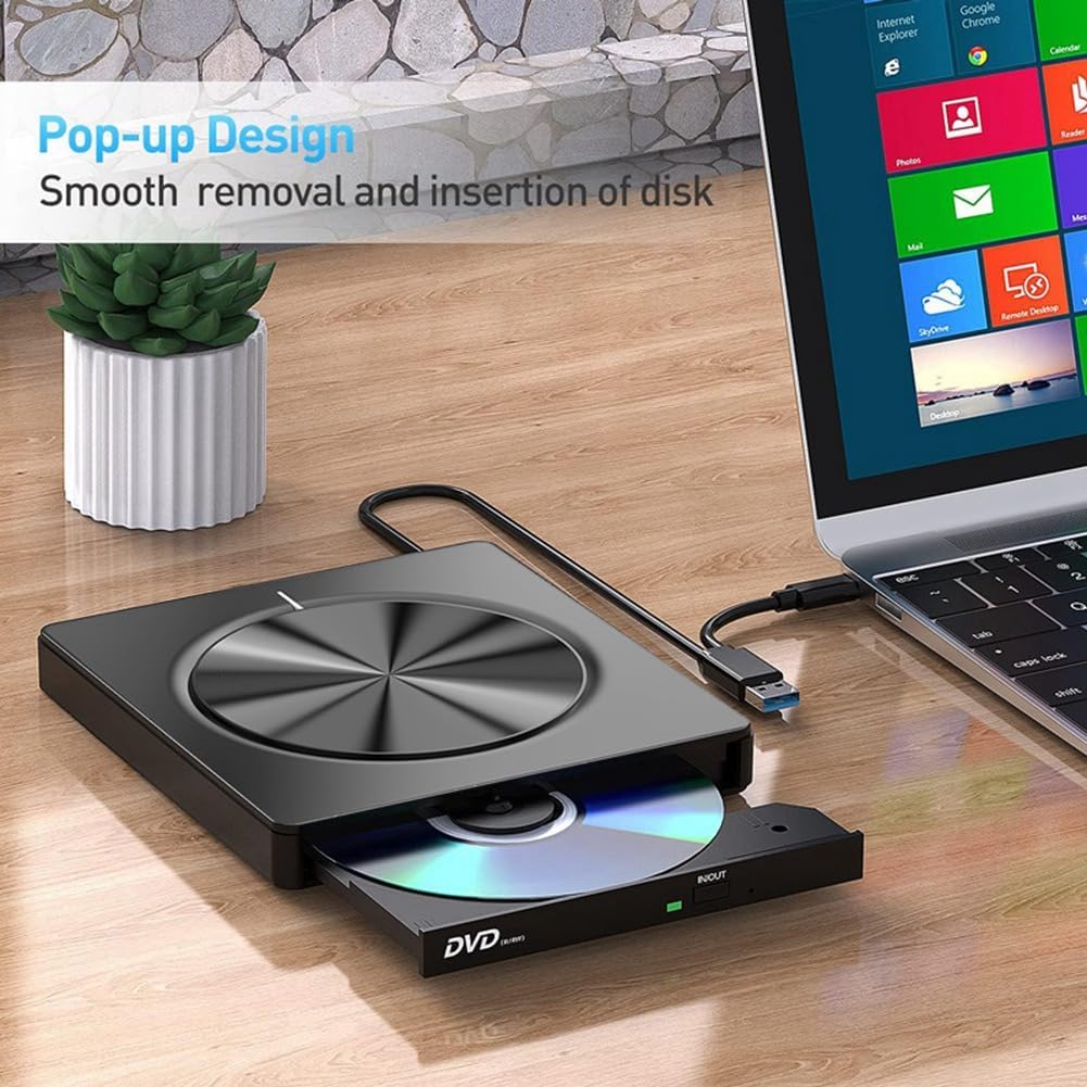 Laptop DVD Player USB C 3.0 Portable CD Burner with SD/TF Card Slot & 3 USB Ports Compatible with Mac, Windows, Linux