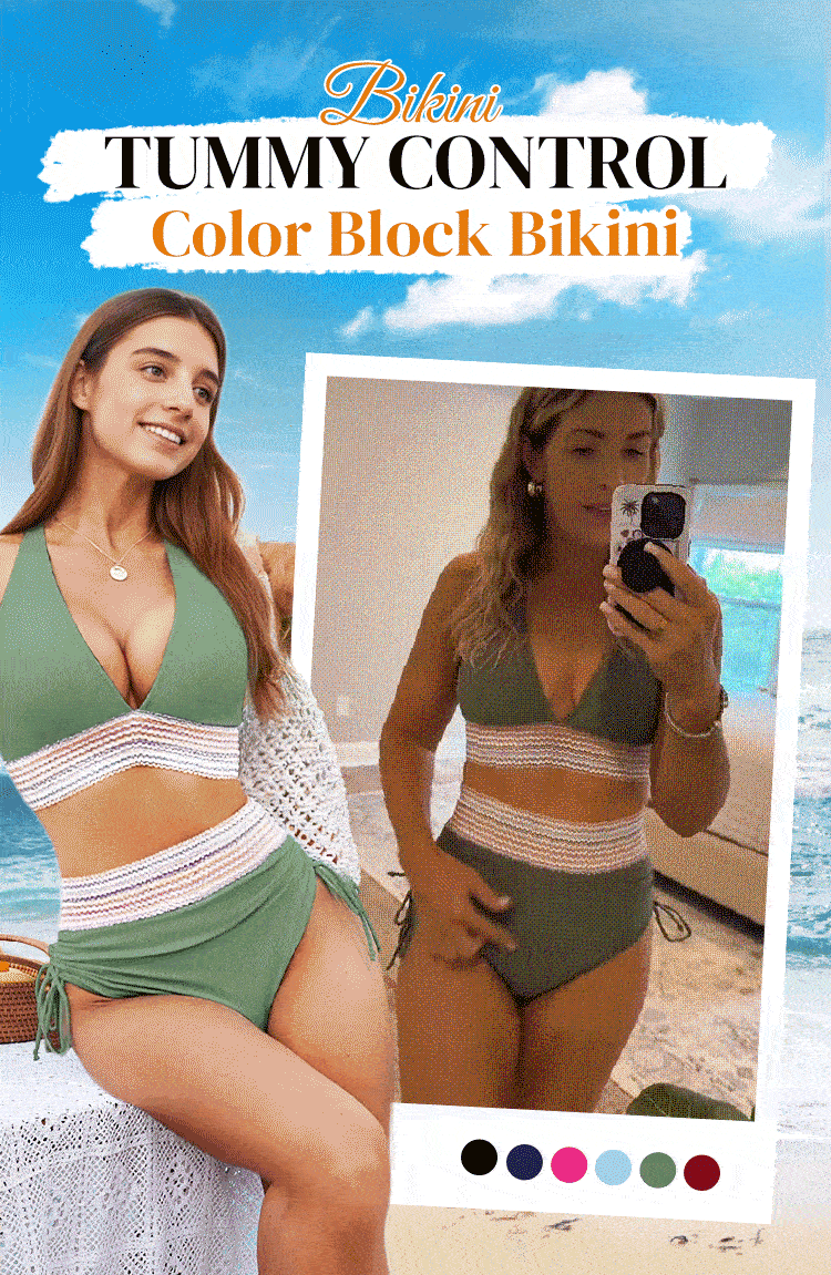 🔥Summer Sale🔥High Waisted Tummy Control Color Block Bikini Sets