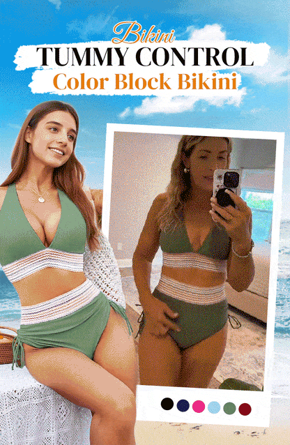 🔥Summer Sale🔥High Waisted Tummy Control Color Block Bikini Sets