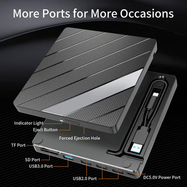 Laptop DVD Player USB C 3.0 Portable CD Burner with SD/TF Card Slot & 3 USB Ports Compatible with Mac, Windows, Linux